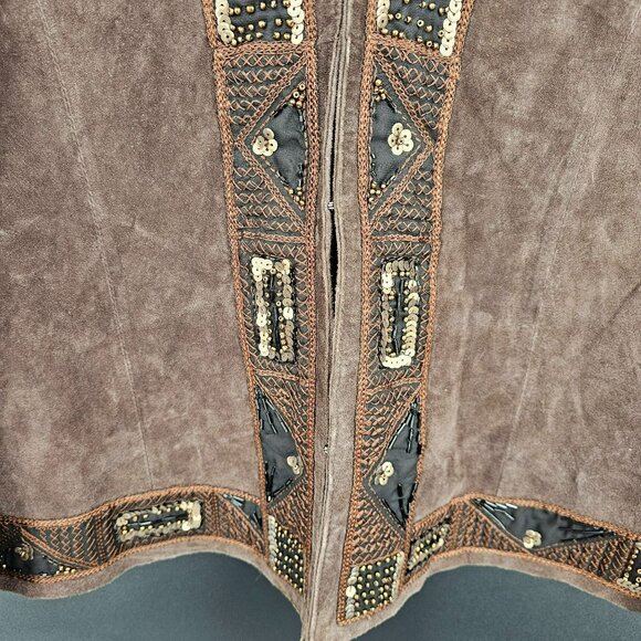 Laura Ashley Nubuck Leather Blazer Jacket L Brown Beaded Sequin Embroidered New - Picture 7 of 13